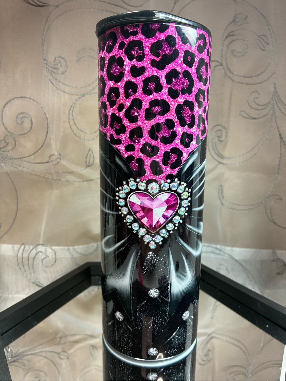 Pink Leopard Heart Rhinestone Travel Tumbler - Brand